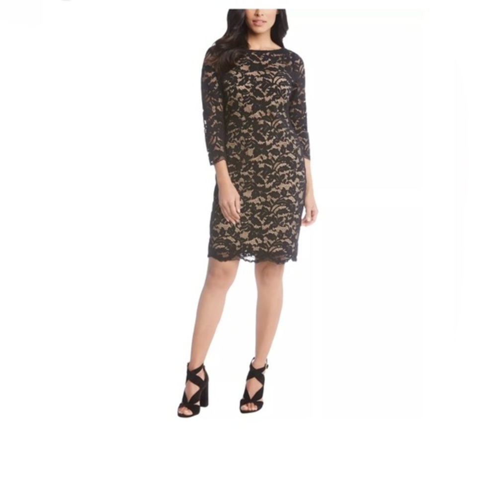 Gorgeous Karen Kane Black Lace Three Quarter Sleeve Dress. Medium-Slight A Line